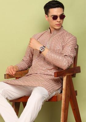 Peach Embroidered Cotton Kurta Set For Men