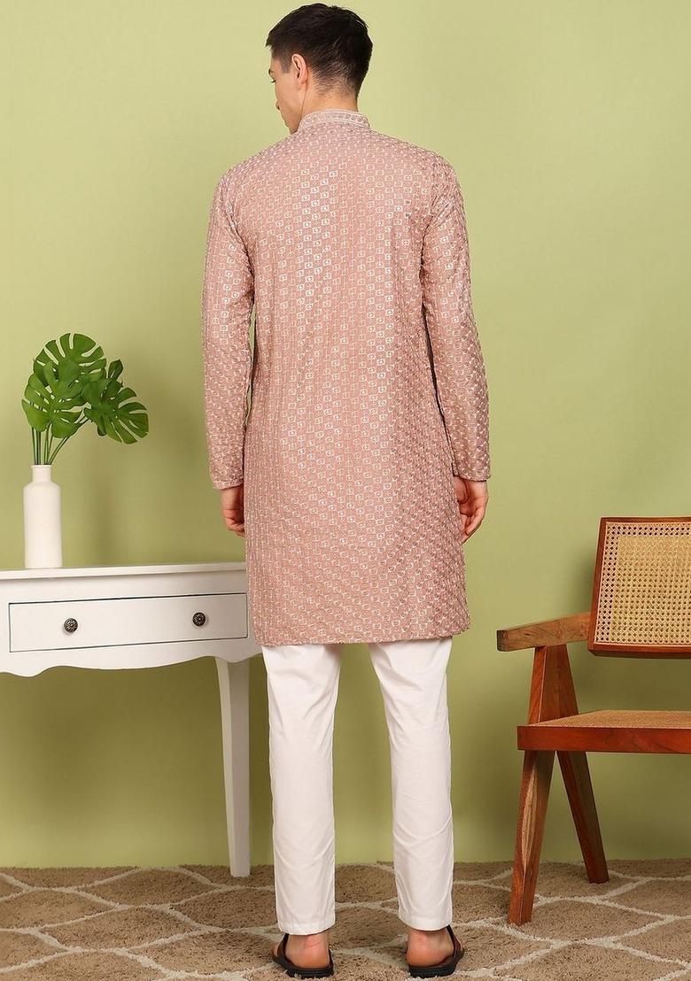 Peach Embroidered Cotton Kurta Set For Men - Indya
