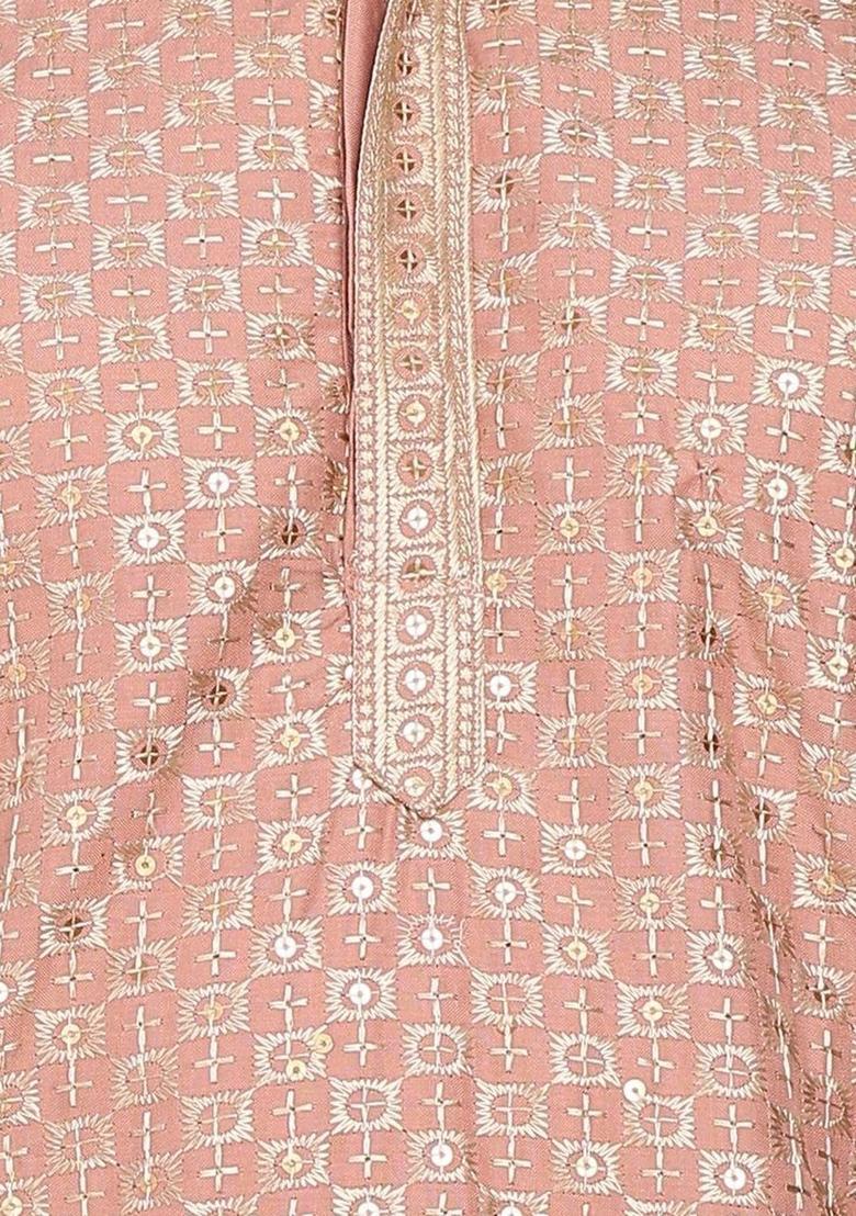 Peach Embroidered Cotton Kurta Set For Men - Indya