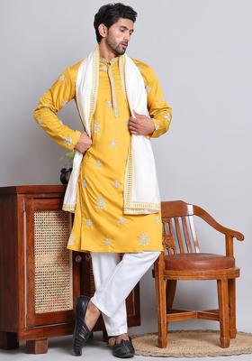 Yellow Embroidered Silk Kurta Set For Men