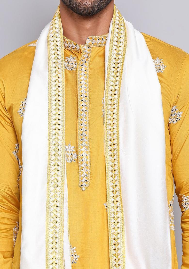 Yellow Embroidered Silk Kurta Set For Men - Indya