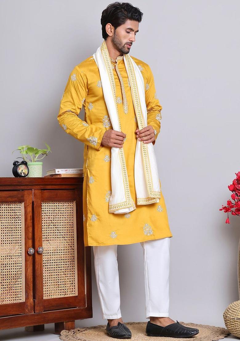 Yellow Embroidered Silk Kurta Set For Men - Indya