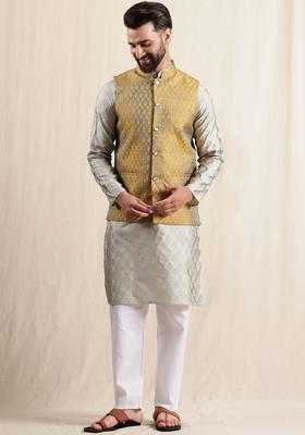 Grey Woven Design Silk Kurta Set For Men