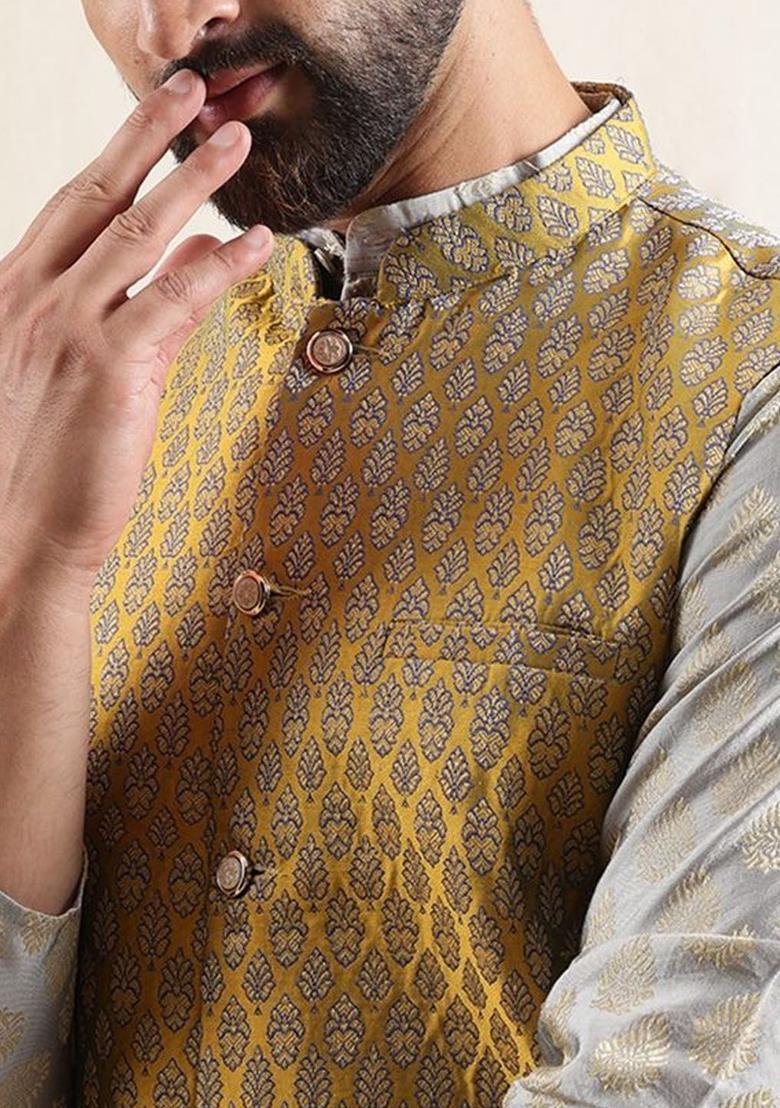 Grey Woven Design Silk Kurta Set For Men - Indya