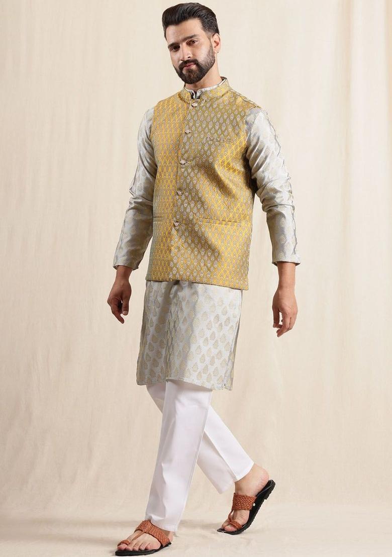 Grey Woven Design Silk Kurta Set For Men - Indya