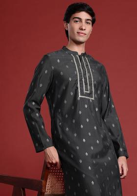 Grey Printed Viscose Kurta Set For Men