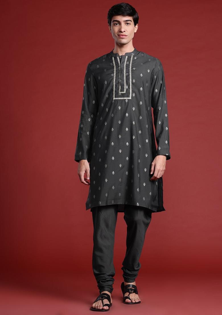 Grey Printed Viscose Kurta Set For Men - Indya