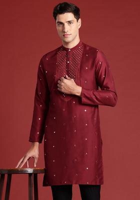 Maroon Embroidered Polyester Kurta Set For Men