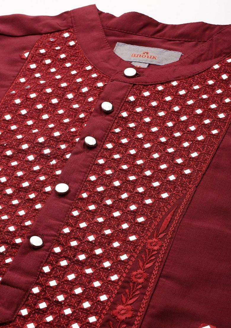 Maroon Embroidered Polyester Kurta Set For Men - Indya