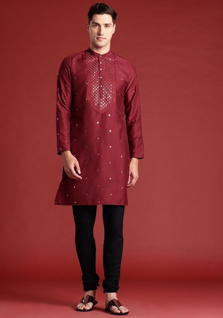 Maroon Embroidered Polyester Kurta Set For Men - Indya
