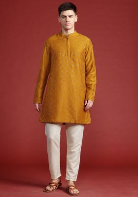 Yellow Printed Polyester Kurta Set For Men