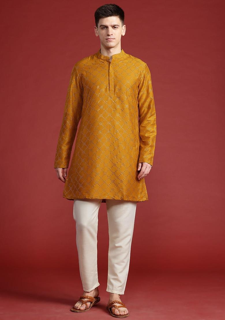 Yellow Printed Polyester Kurta Set For Men - Indya