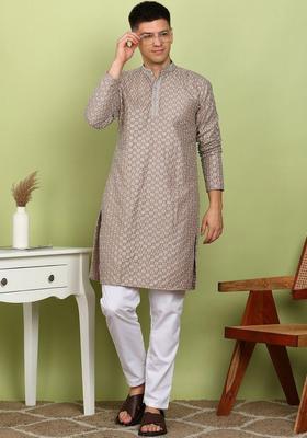 Brown Printed Cotton Kurta Set For Men