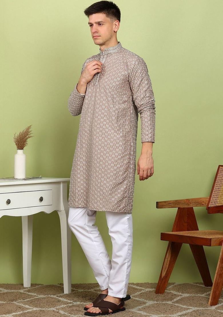 Brown Printed Cotton Kurta Set For Men - Indya