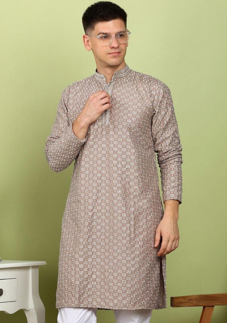 Brown Printed Cotton Kurta Set For Men - Indya