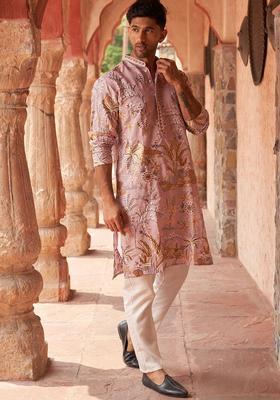 Purple Embroidered Silk Kurta Set For Men