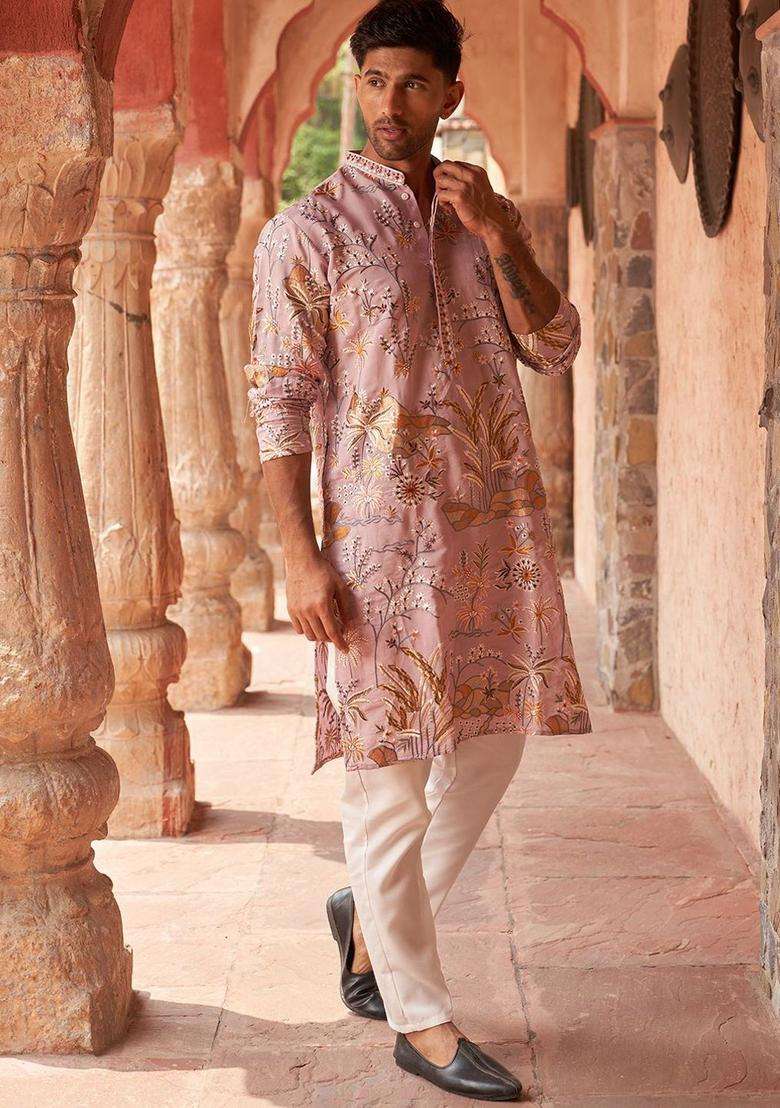 Purple Embroidered Silk Blend Kurta Set For Men - Indya