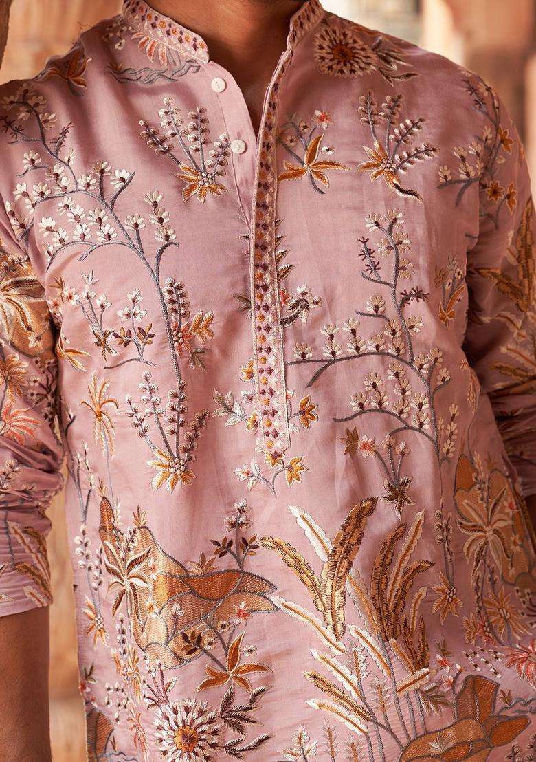 Purple Embroidered Silk Blend Kurta Set For Men - Indya