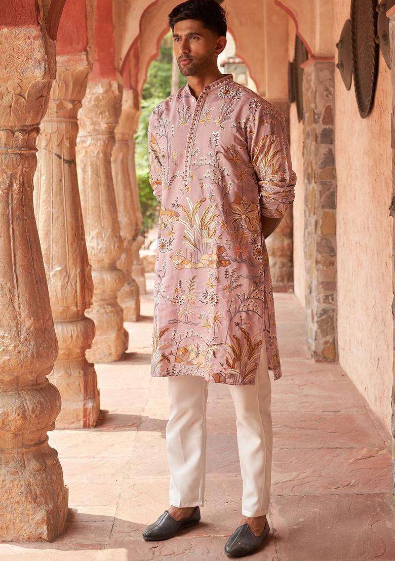 Purple Embroidered Silk Blend Kurta Set For Men - Indya