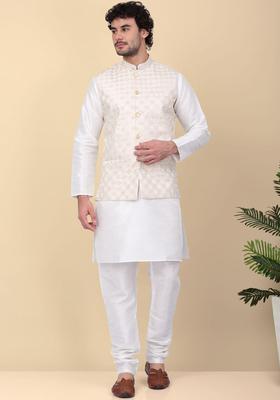Beige Woven Design Silk Blend Kurta Set For Men