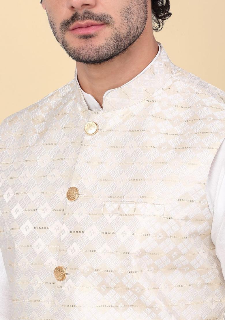 Beige Woven Design Silk Kurta Set For Men - Indya