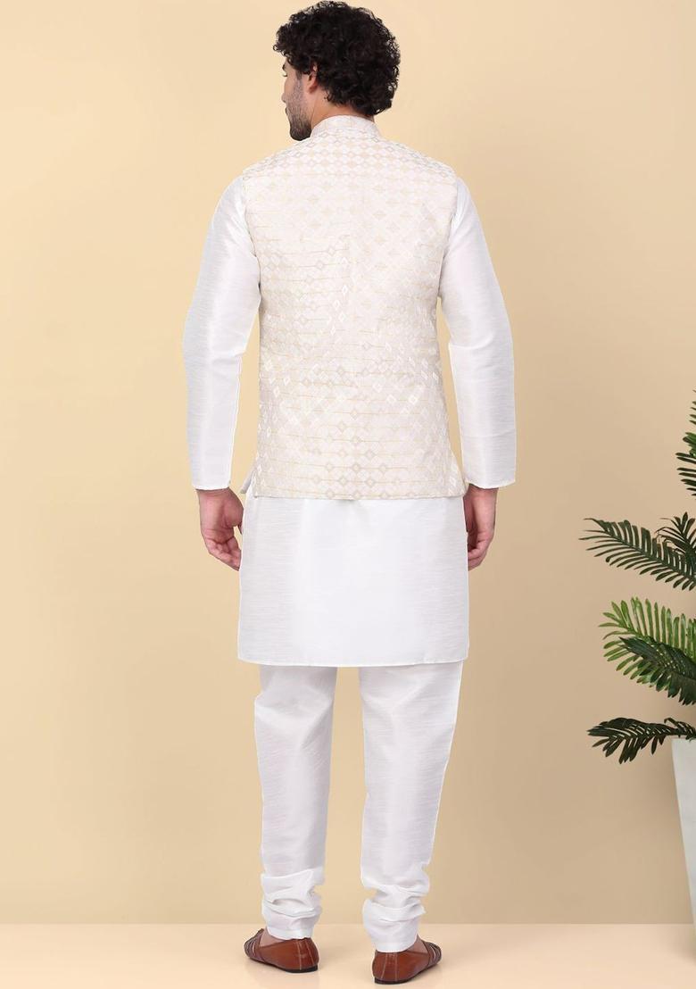 Beige Woven Design Silk Kurta Set For Men - Indya
