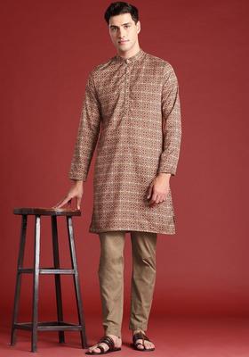 Maroon Printed Polyester Kurta Set For Men
