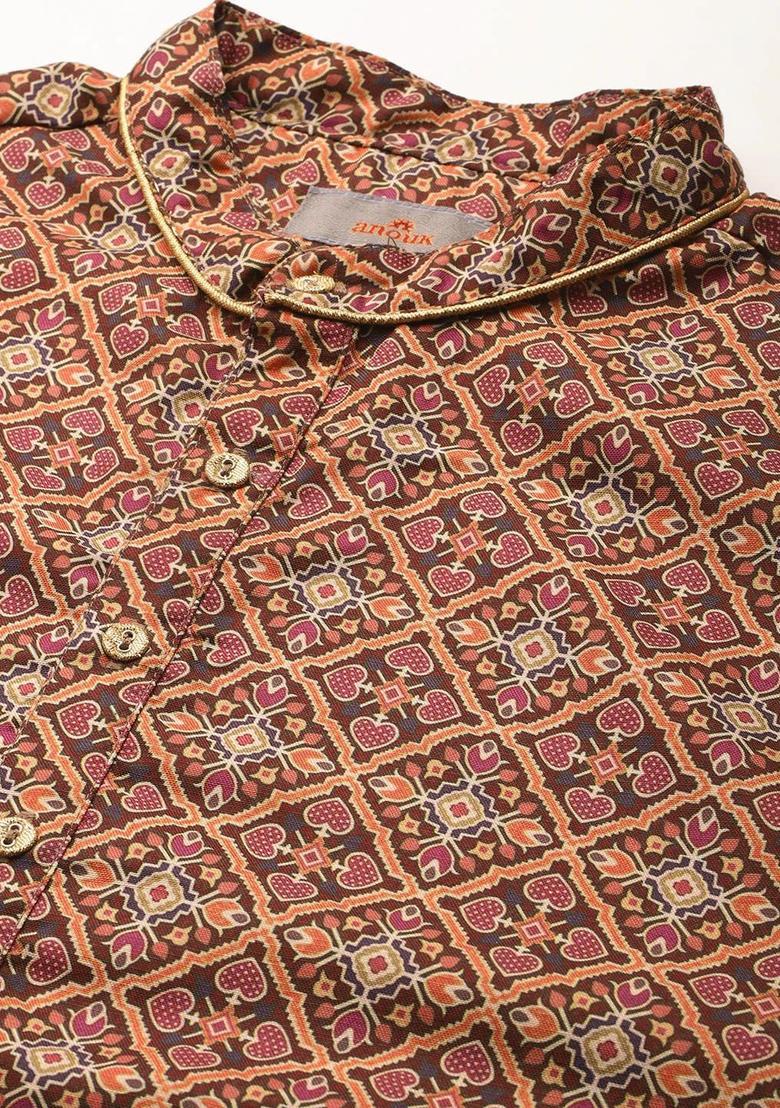 Maroon Printed Polyester Kurta Set For Men - Indya