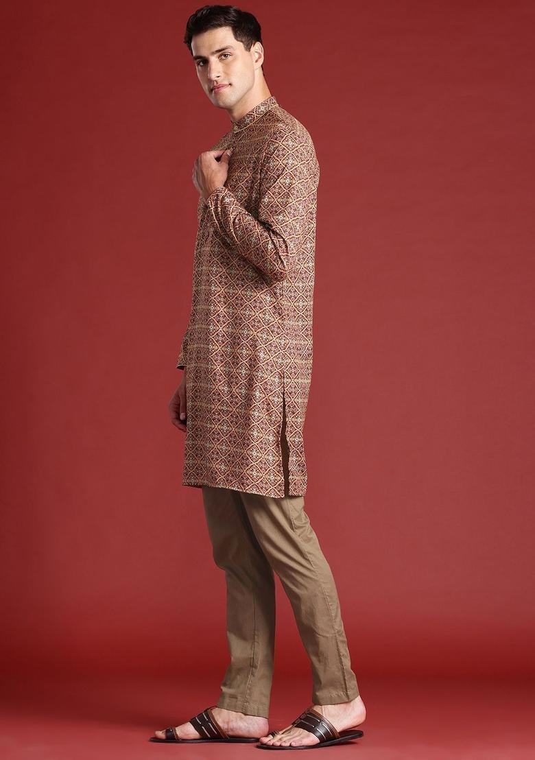 Maroon Printed Polyester Kurta Set For Men - Indya