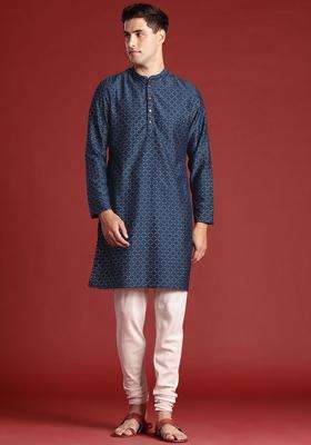 Blue Printed Viscose Kurta Set For Men