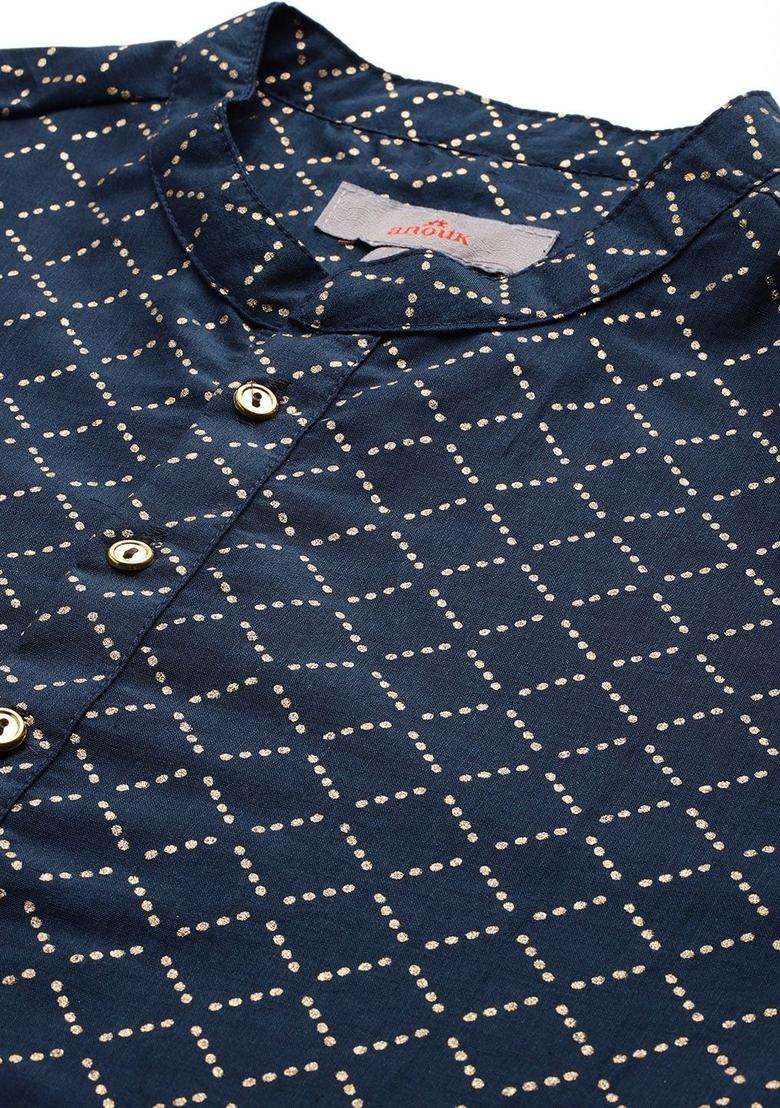 Blue Printed Viscose Kurta Set For Men - Indya
