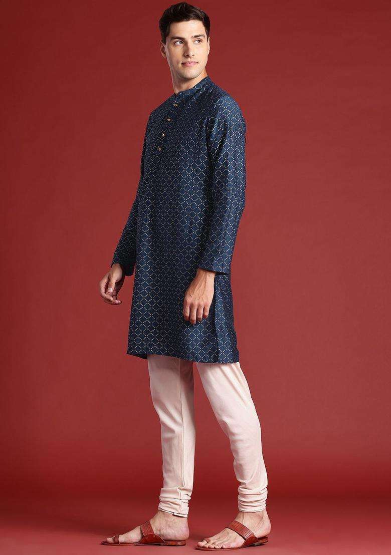 Blue Printed Viscose Kurta Set For Men - Indya