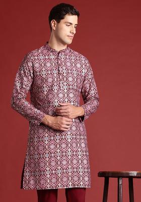 Maroon Printed Polyester Kurta Set For Men