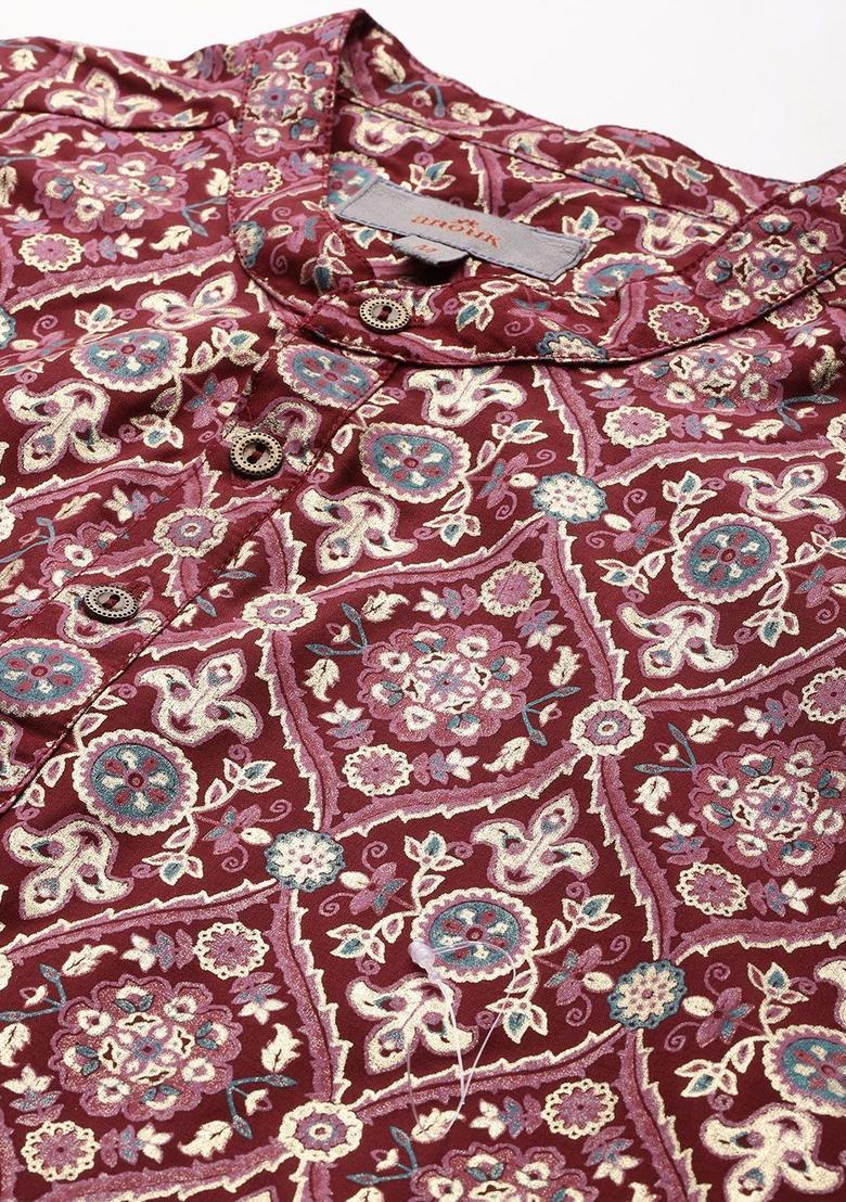 Maroon Printed Polyester Kurta Set For Men - Indya