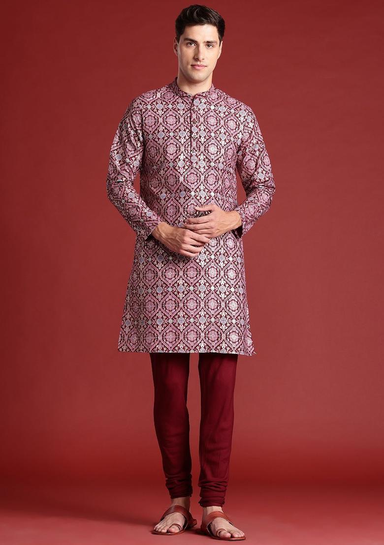 Maroon Printed Polyester Kurta Set For Men - Indya