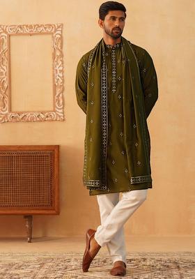 Olive Embroidered Silk Kurta Set For Men
