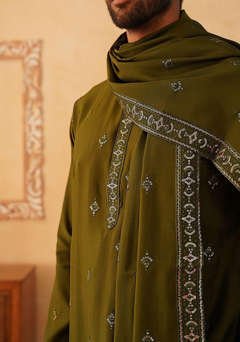 Olive Embroidered Silk Kurta Set For Men - Indya