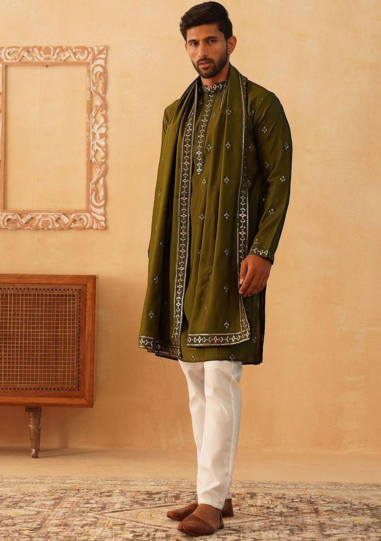 Olive Embroidered Silk Kurta Set For Men - Indya