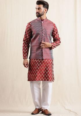 Maroon Woven Design Silk Kurta Set For Men