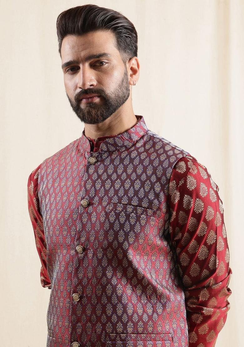 Maroon Woven Design Silk Kurta Set For Men - Indya