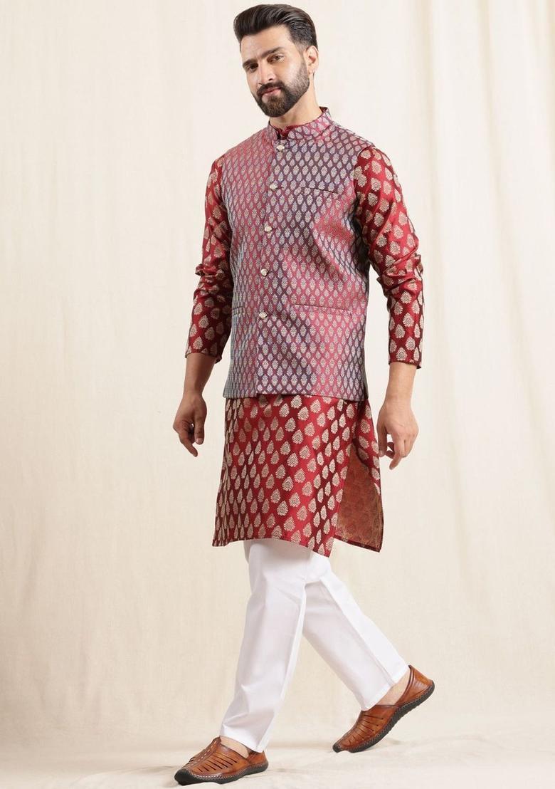 Maroon Woven Design Silk Kurta Set For Men - Indya