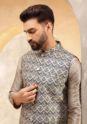 Brown Woven Design Silk Kurta Set For Men