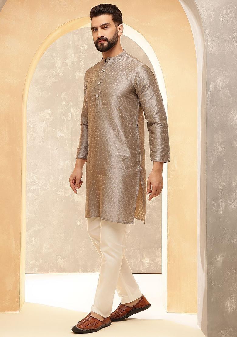 Brown Woven Design Silk Kurta Set For Men - Indya