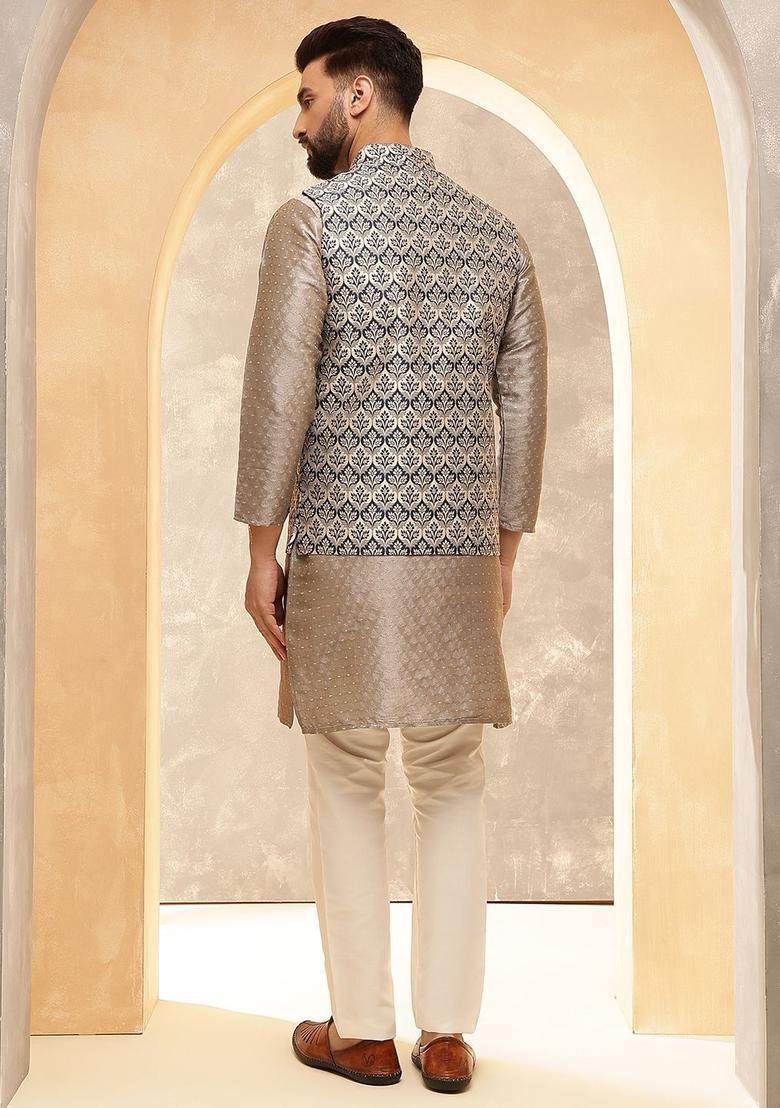 Brown Woven Design Silk Kurta Set For Men - Indya