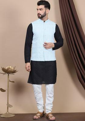 Black Woven Design Cotton Kurta Set For Men