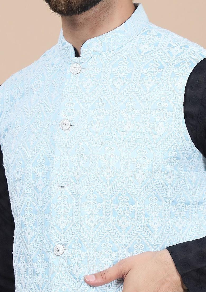 Black Woven Design Cotton Kurta Set For Men - Indya