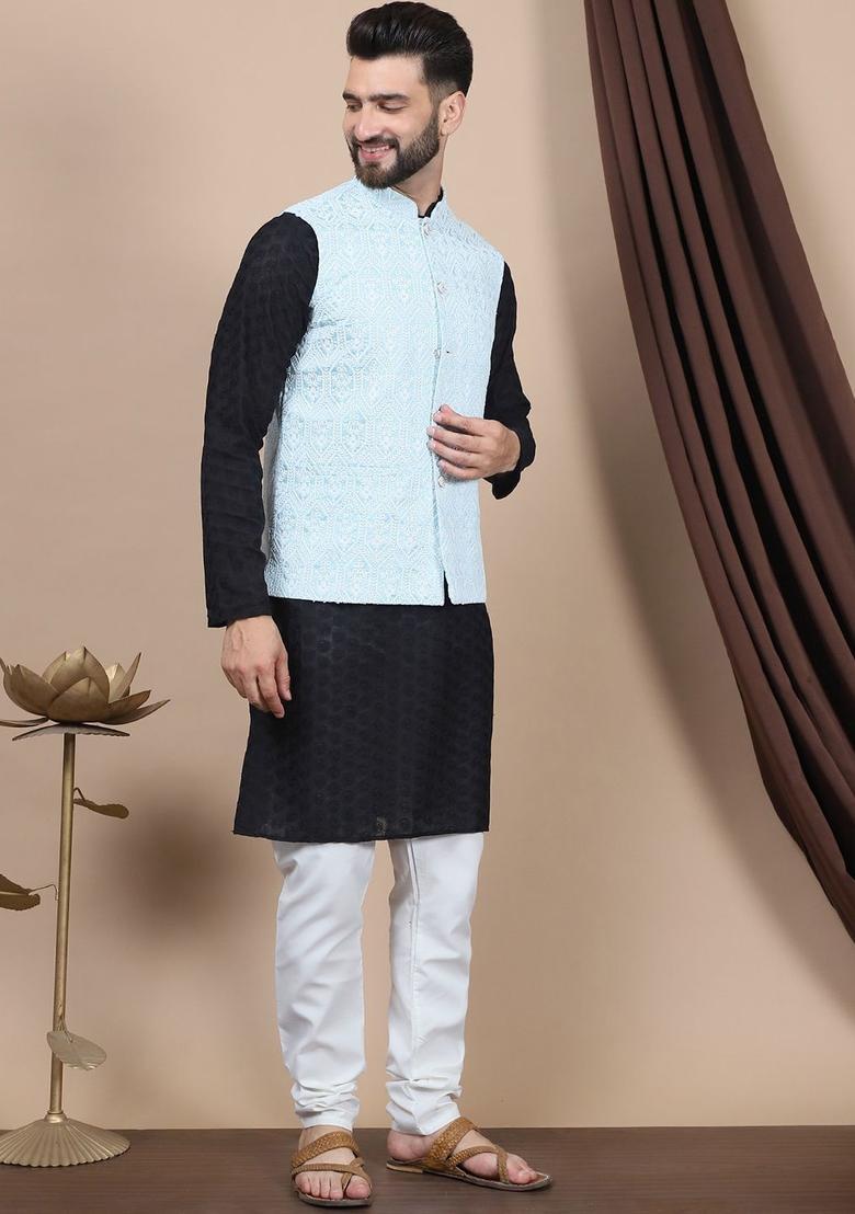 Black Woven Design Cotton Kurta Set For Men - Indya