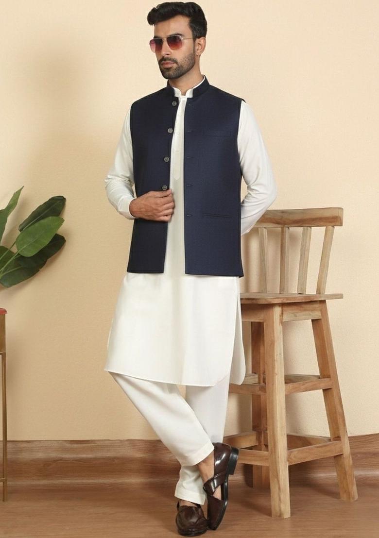 Beige Solid Cotton Kurta Set For Men - Indya