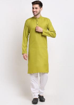 Olive Solid Cotton Kurta Set For Men