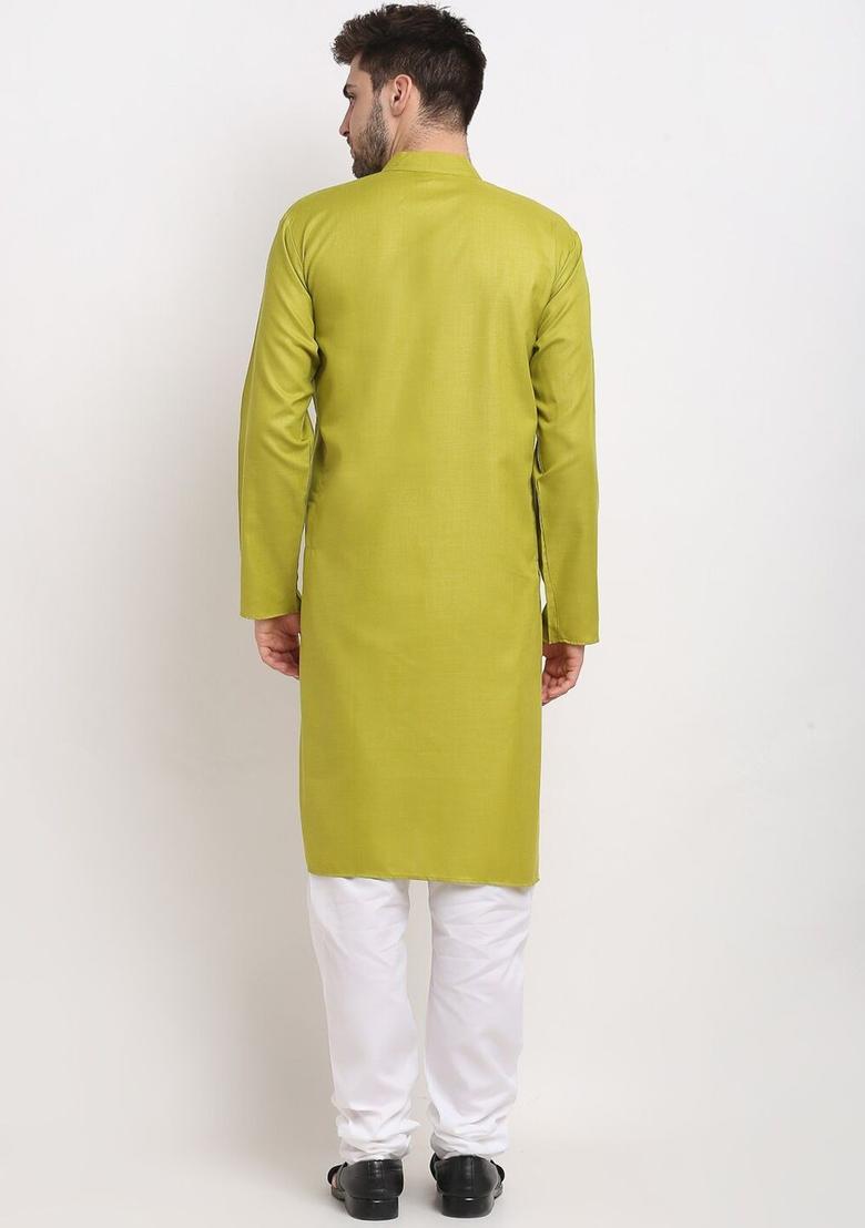 Olive Solid Cotton Kurta Set For Men - Indya